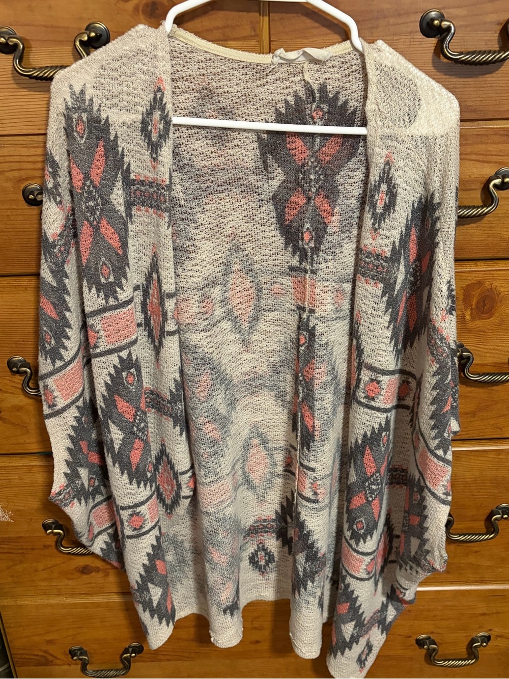 Open-Front Aztec Print Poncho Cardigan - Cream & Coral